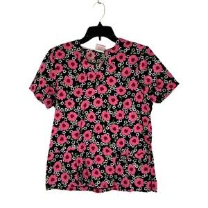 Izzy Scrub Top Womens X-Small Black Pink Flowers Mock Wrap Two Pockets V-Neck